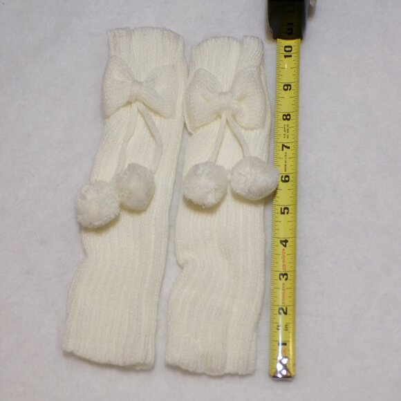 Girls White Ribbed Knit Leg Warmers Pompom Bow 10" NEW - Picture 2 of 3